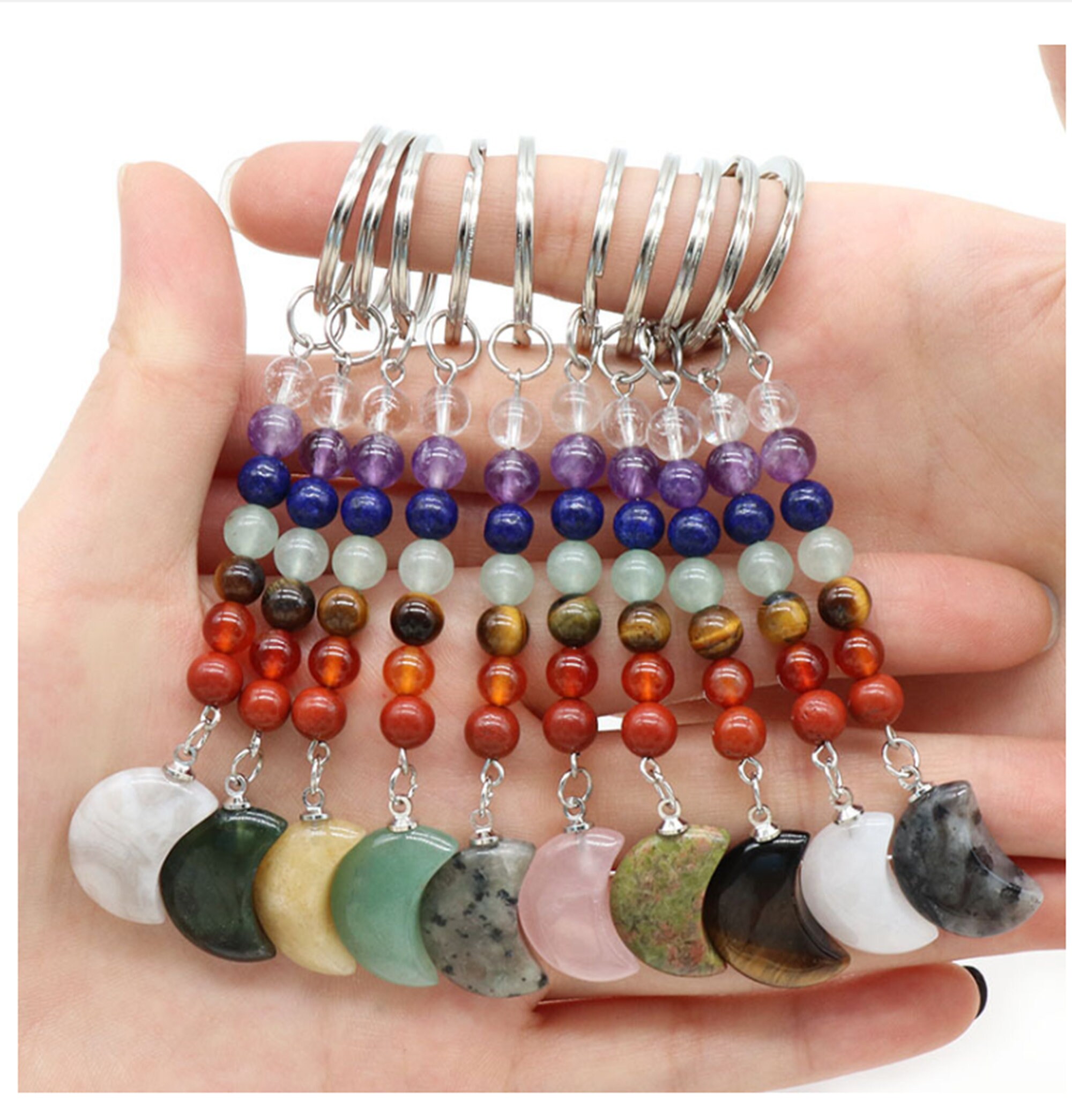 Healing Crystal Keyrings, Stone Bag Charms,Hand Carved Moon shape Crystal Key Ring,10 Kinds of Gemstone Keychain,  Stone Jewelry Gift-YS0014