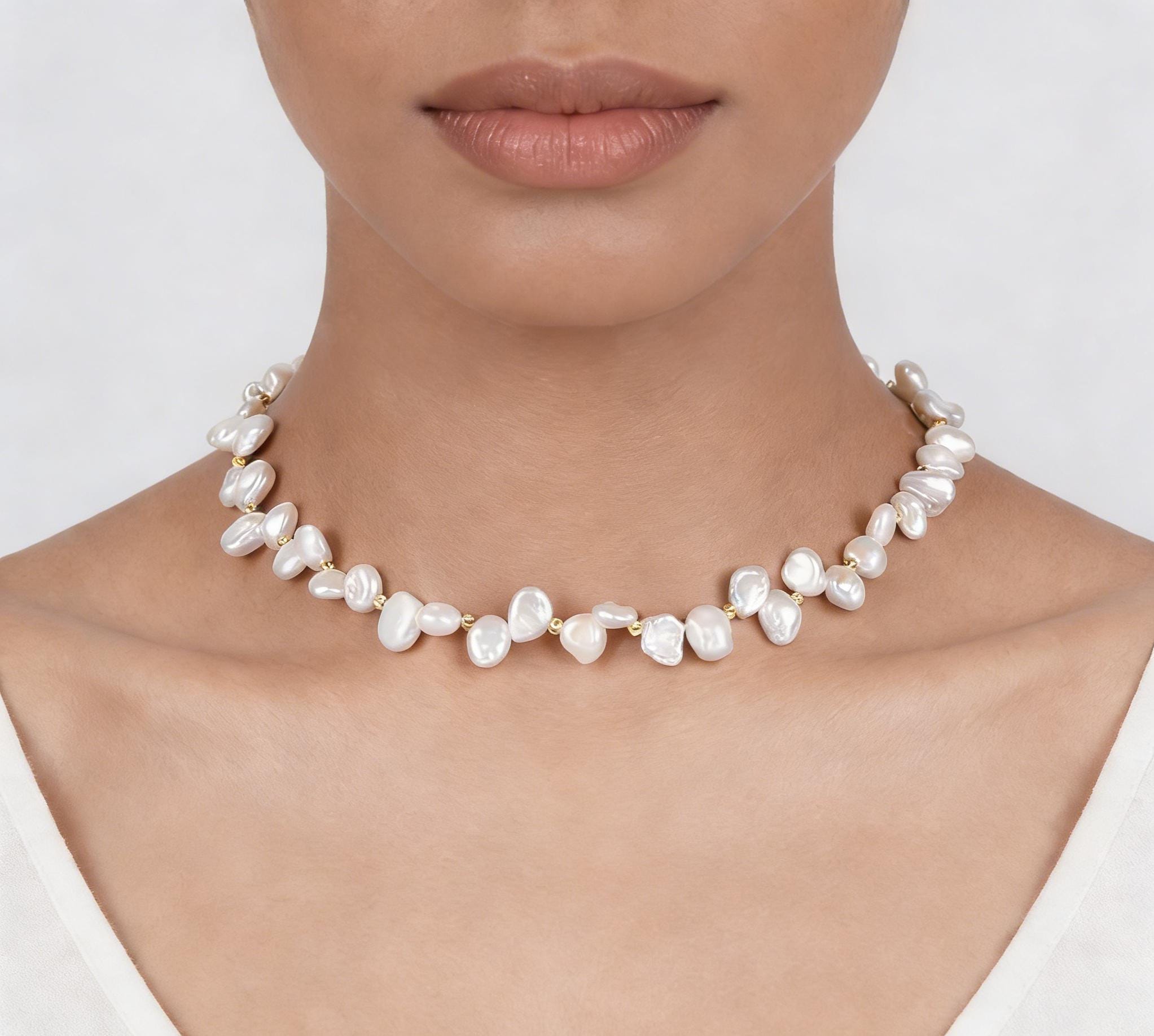 Keshi Pearl Choker Necklace: White Irregular Pearl, Golden Spacer