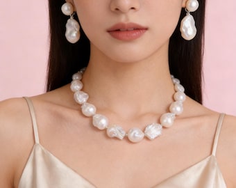 Grande set di gioielli barocchi bianchi, collana di perle, collana di perle barocche Fireball, collana di perle d'acqua dolce, orecchini, set di perle da sposa