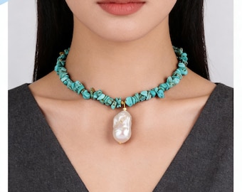 Collier Fantaisie Grosses Perles Bleues Turquoises Pour Femme - Neuf Sans Emballage