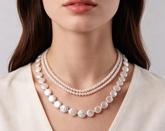 Large White Button Pearl Long Wrap Necklace, Natural Tiny Freshwater Pearls,Double Strand Pearl Necklace, Birthday Gift For Her