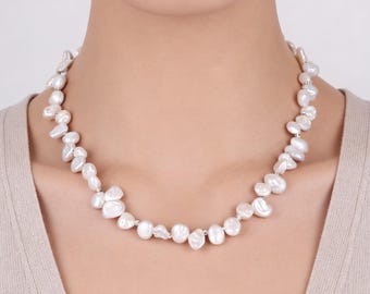 White Freshwater Pearl Beaded Choker Necklace (8x10mm)