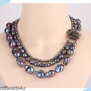 3 Layers Baroque Pearl Necklace,Black Large Flower Clasp Necklace, Statement Necklace,Wedding Pearl Necklace, Gift for Mom,Wedding Jewelry