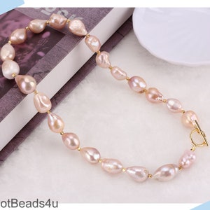 Natural Pink Freshwater Pearl Necklace, Handmade Baroque Pearl Necklace, 12-14X14-17mm Pearl Jewelry Gift, Bridal Necklace, Wedding Jewelry