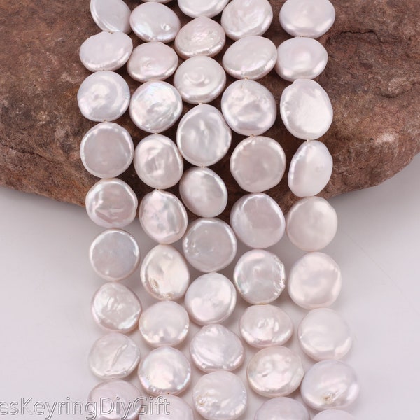 15-17mm High quality Loose Natural White Coin Pearls, High Luster Round Coin Freshwater Pearl Beads, Pearl Jewelry--22pcs-15 inches--NK001-1