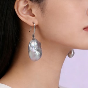 Gray Fireball Baroque Pearl Earrings, Pearl Dangle Earrings,Bridal Wedding Pearl Earrings, Golden Silver Pearl Hook Earrings,Wedding Jewelry