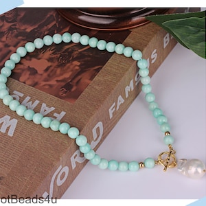 Baroque Pearl Pendant and Blue Round Jade Beads Necklace, Gemstone Necklace, Anniversary Gifts for Lover, Birthday Gifts, Mother&#39;s Day Gift