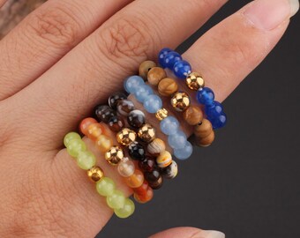 4mm Jade/Turquoise/Agate Beads Ring, Handmade Ring, Healing Crystal Ring, Round Gemstone Stretch Ring,Multi-Color Beads,Lovers Ring