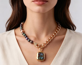 Multicolor Edison Pearl Chunky Chain Necklace, Gold Plated Abalone Shell Square Pendant, Bold Statement Jewelry for Party