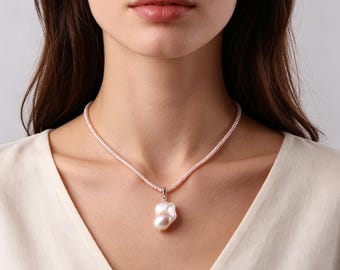 Dainty Pink Small Pearl Strand Necklace, Irregular Baroque Pearl Pendant, Minimalist Handmade Jewelry for Party