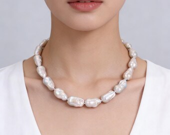 High Luster Freshwater Pearls, 12-14x18-22mm Irregularly Baroque Pearls, White Pearl Necklace, Gift for Bride and Bridesmaid,Wedding Jewelry