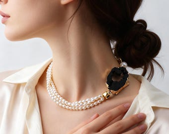 Three-layer necklace,Natural white pearls with black pendant Necklace,Handmade Necklace,Gift for Her,New year gift
