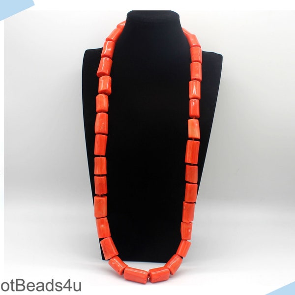 Columnar Orange Coral Necklace, Long Coral Beads Jewelry, Chunky Coral Necklace, Bride Jewelry Necklace, Statement Necklace, Wedding Jewelry