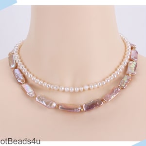2 Layers Necklace, Purple Biwa Pearl Necklace, White Irregular Pearl Necklace Choker, Freshwater Pearl Necklace, Gift for Women,Gift for Her