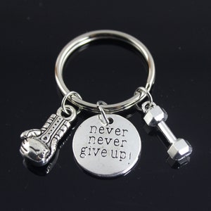 Never Never Give Up Keychain,Barbell keychain,Progress Keyring,Dumbbell keychian,Boxing Gloves Keychain,  Gym Gifts,Boy friend gift
