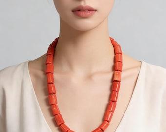 Columnar Orange Coral Necklace, Long Coral Beads Jewelry, Chunky Coral Necklace, Bride Jewelry Necklace, Statement Necklace, Wedding Jewelry