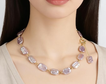 Purple Coin Pearl Necklace: Freshwater Rectangle Pearl, Small Spacer Beads