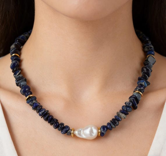 Collier Chaîne En Jaspe Sédimentaire Bleu Et Argent 925 - Neuf Avec étiquettes