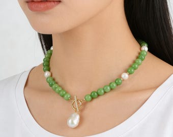 Natuurlijke groene jade en witte parels kralenketting, jade kralenketting, helende edelsteenkraal, handgemaakte edelsteenketting, kerstcadeaus