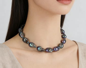 Elegant Black Baroque Pearl Necklace, Handmade Choker with Large Pendant, Gift for Girlfriend Wife or Mom