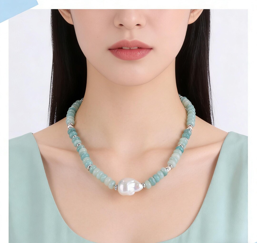 Light Green Gemstone and Pearl Pendant Necklace, Baroque Pearl Necklace ...