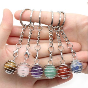 Stone Ball With Sliver Spring Key Chain,Quartz Round Beads Key Chain, Gemstone Key Ring, Bag Charm Keychain, Healing Stone  Decor -YF2303