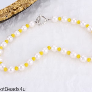 White Freshwater Pearl and Yellow Beads Necklace, White Pearl Necklace for Women, Pearl Choker Necklace, Bridesmaids Gift, Handmade Jewelry