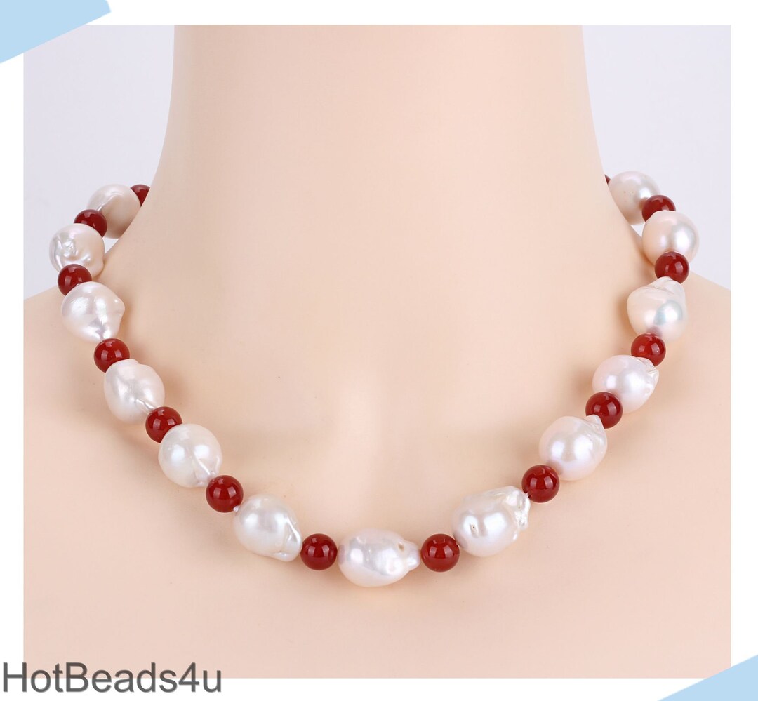13-15x15-18mm Baroque Pearl Necklace, Round Red Beads