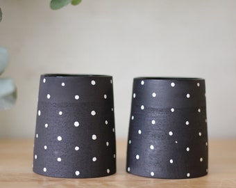 Black tumbler with white dots, black ceramic tumbler, black clay cup, minimalist design black ceramic tumbler