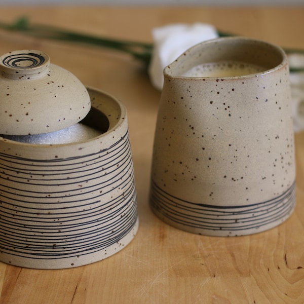 Set of minimalist naked clay lidded sugar jar and creamer, small lidded ceramic sugar jar and a small creamer