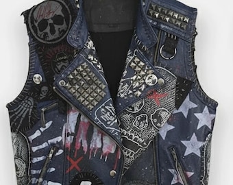 Ärmellose Premium Leder Punk Jacke mit Nieten und Gemalten Grafiken Handgefertigte Weste Jacke