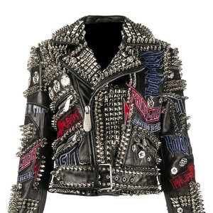 Handcrafted Heavy Spiked Metal Studded, Gothic Leather Solid Studs Jacket, Men&#39;s Patches Punk Fashion, Personalized Belted Jacket,