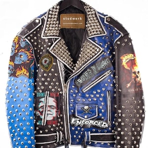 Unyielding Studded Leather Jacket Handmade Biker Silver Cone Spikes Punk Rock Patches & Rebel Spirit