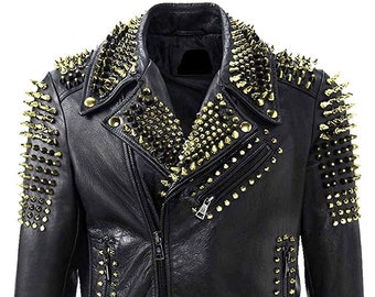 Men Golden Biker Brando Punk Biker Full Black Gold Studded Biker Leather Jacket