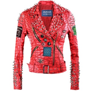 Red Cow Leather Crocodile Printed, Badges Pins And Spiked Women, Studwork Jacket, Leopard Patchwork Clothing, Studded Belted Outer Wear,