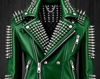 Green Studded Punk Leather Jacket with Silver Spikes and Zippers