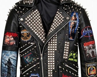 Studded Punk Leather Biker Jacket with Heavy Metal Band Patches