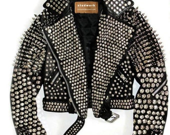 Women Full Studded Jacket,  Women Black Leather Rock, Women Steam Punk Style Studded Biker Jacket, Silver Long Studs Spiked Jacket (395)