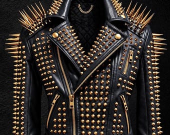 May include: A black leather jacket featuring gold-toned metal spikes on the shoulders and sleeves, with gold-toned studs covering the front panels. The jacket includes a notched collar, gold-toned zippers, and adjustable side buckles.