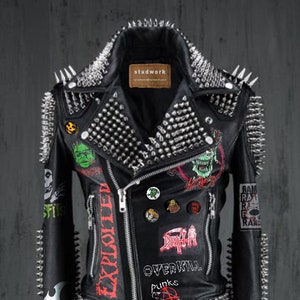 Black Leather Patches Gothic, Alice Cooper Punk Rock, Jacket Men Spiked, Misfit Long Spiked, Rivets Studded Jacket, Ramones Men Outfit,