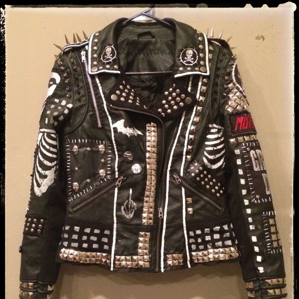 Gothic Personalized Jacket, Made To Order Bikers Patches Jacket, Genuine Leather Studded Jacket, Pyramid Studs Brando Long Spiked Jacket,