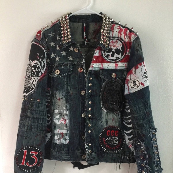 Denim Gothic Punk Jacket, Personalized Jeans Studded Jacket, Steampunk Men's Fashion Jacket, Silver Cone Studs Jacket, Denim Jeans Jacket,