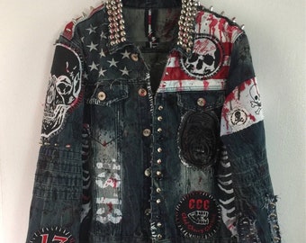 Denim Gothic Punk Jacket, Personalized Jeans Studded Jacket Denim Gothic Punk Jacket, Personalized Jeans Studded Jacket