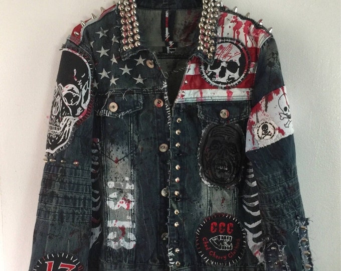 Denim Gothic Punk Jacket, Personalized Jeans Studded Jacket, Steampunk Men's Fashion Jacket, Silver Cone Studs Jacket, Denim Jeans Jacket,