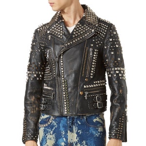 Men's Biker Studded Stylish Magnificent Leather Jacket All Sizes ...