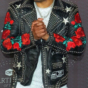 Motorcycle Brando Men's Punk Flower Patches Fashion Premium Leather Silver Studded Waist Belted Jacket