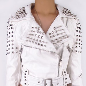 Motorcycle Jacket, Silver Studded Fashion Jacket, Handmade White Color Punk Jacket, Lapel Collar, Metal Cone Studs Real Leather Jacket,