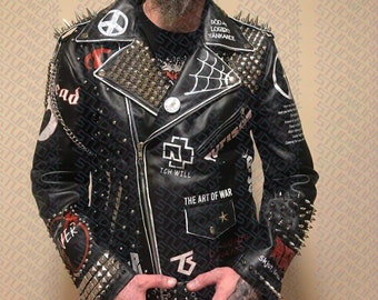 Personalized Men's Multi-Studded Premium Leather Biker's Patches Gothic Steampunk Fashion Brando Jacket