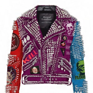 Bride of Frankenstein Gothic Patches Jacket, Steampunk Studded with Dead Kennedy, Punk Rock Biker&#39;s Handmade Fashion, Spike Leather Jacket,