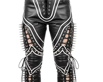 Handmade Cowhide Gothic Punk Pants for Women with Spikes, Mesh & Lace-Up Detailing